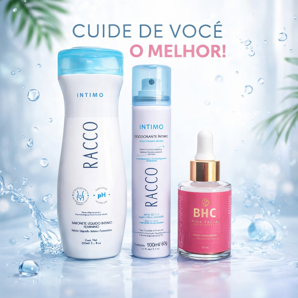 KIT CUIDAOS FEMININOS SABONETE DESODORANTE E SERUM FACIL BHC, RACCO