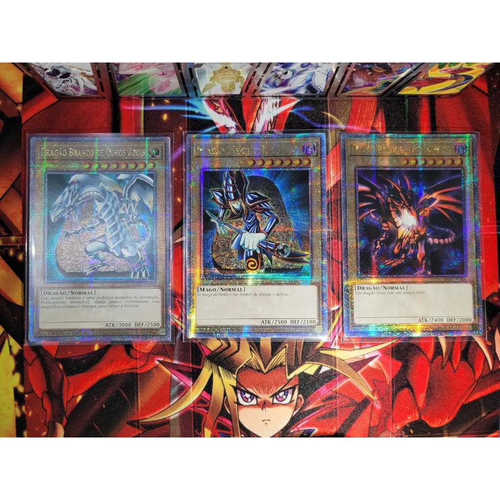 Dragão Branco + Mago Negro + Dragão Negro - Raridade QUARTER CENTURY SECRET RARE - Coleção LENDÁRIA. Yugioh! Konami.