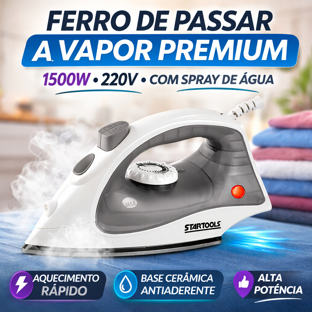 Ferro de Passar A Vapor Premium 1500W Base Cerâmica Antiaderente 220V Compacto Com Spray Água