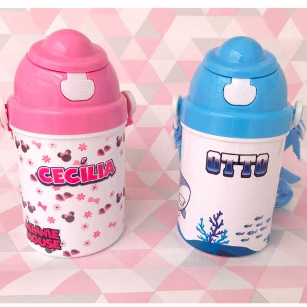 Garrafa Personalizada Polímero Plástico Infantil com canudo e alça 400ml