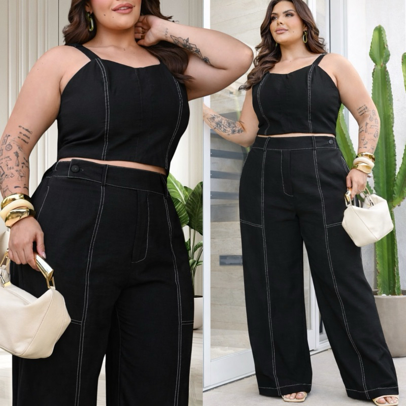 Conjunto Feminino Plus Size Calça Pantalona e Cropped Alças Regulaveis