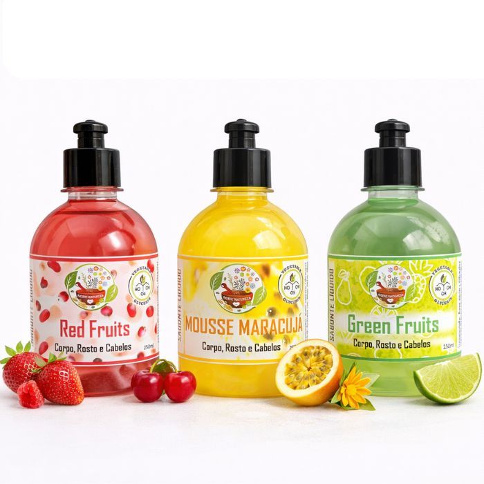 Kit 3 Sabonete Líquido Glicerinado Sem Sal Corpo, Rosto e Cabelos total 750ml