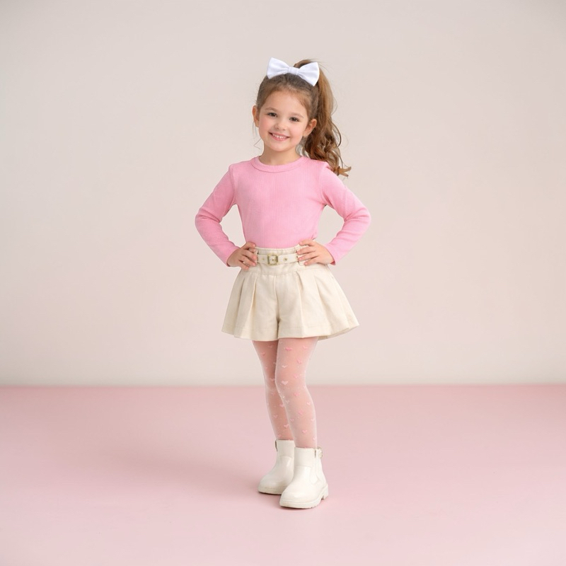 Conjunto Infantil Outono Inverno Blusa Manga Longa com Flanela Saia Plissada com Cinto Alfaiataria Criança Blogueirinha