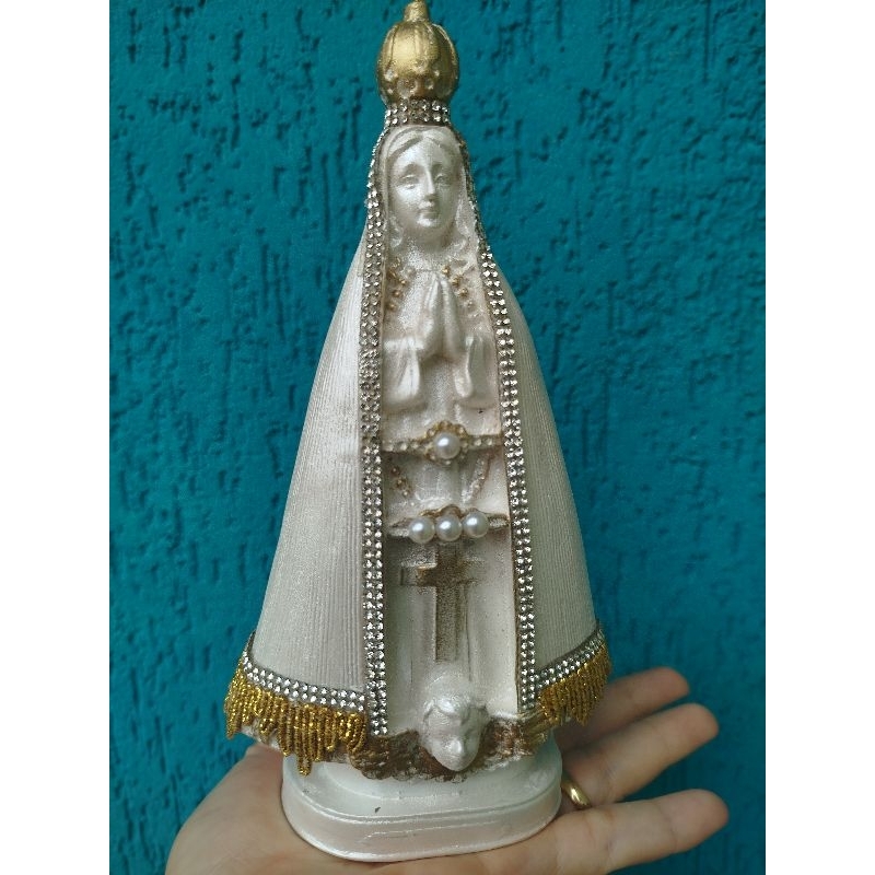 imagem Nossa Senhora Aparecida cor perolada  20cm em gesso com strass dourado