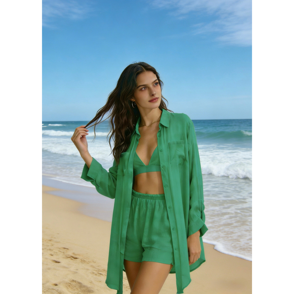 （kit2）Conjunto 2 em 1 de saída de praia em linho rosa: camisa estilosa + shorts de praia respiráveis