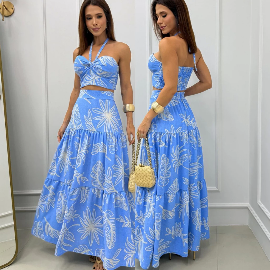 conjunto feminino verao saia longa e top estampado alças regulavel elastex nas costas — imagem 1