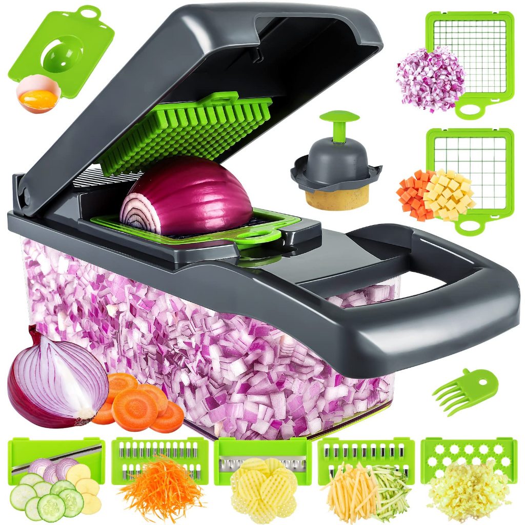 Cortador de Legumes Multifuncional 14 em 1 | Fatiador, Ralador e Picador com Recipiente | Mandoline Profissional de Cozi