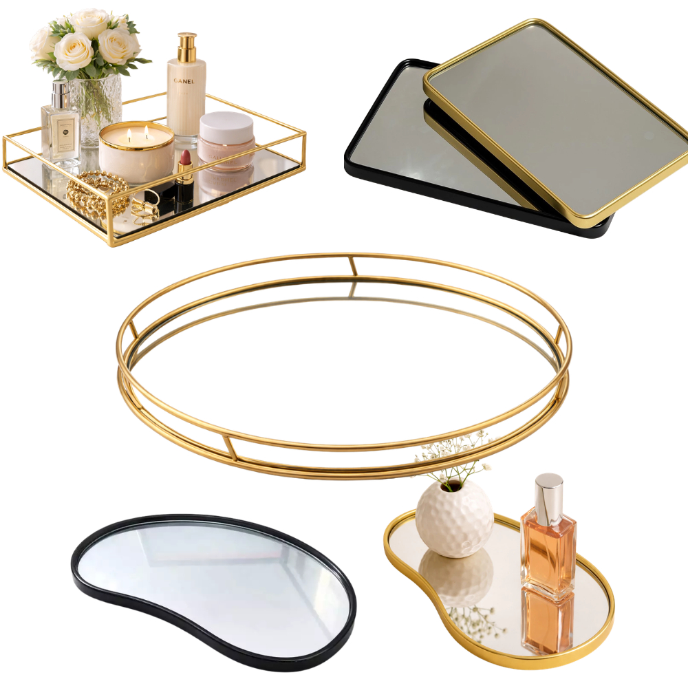 Bandeja Decorativa Espelhada Dourada Retangular Redonda Multiuso Banheiro Lavabo Sala Quarto Porta Maquiagem