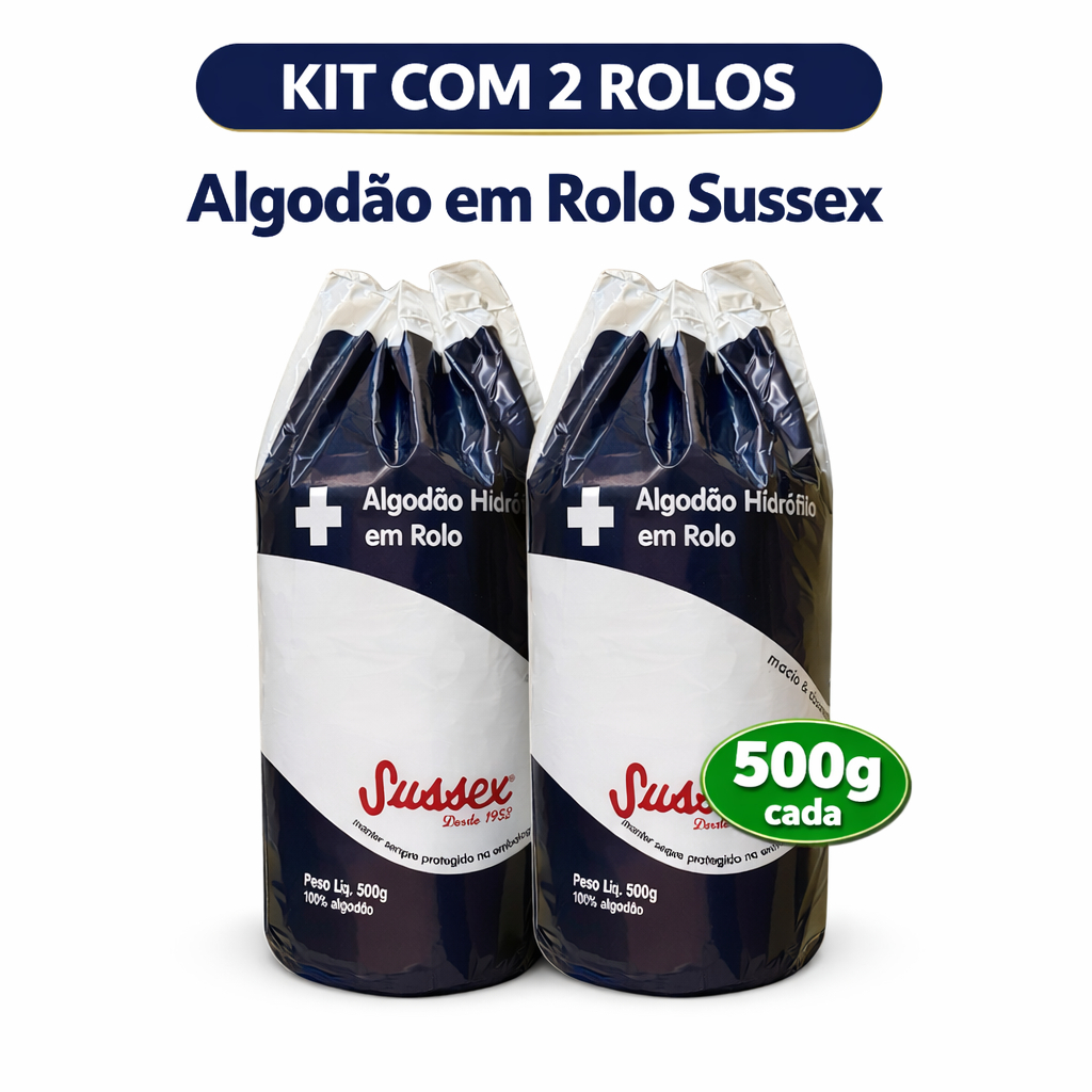 Algodao Rolo Sussex de 500g KIT C/ 2 UN Maciez e Absorção para Cuidados Pessoais e Profissionais" 100% algodão