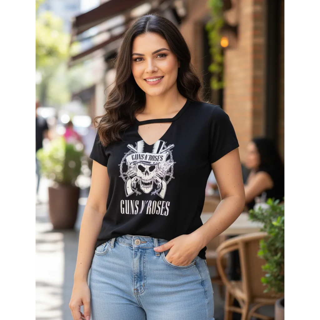 Camiseta feminina banda Guns N' Roses rock musica show viscolycra premium em Oferta na Shopee