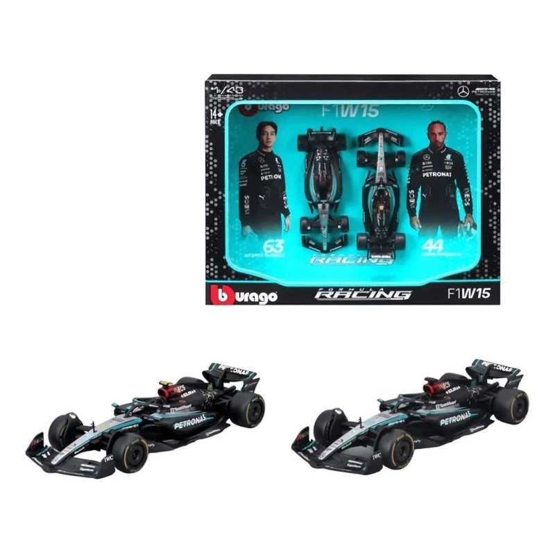 Pack 2 Carros 2024 F1 Mercedes AMG W15 E Performance #44 Norris e #63 Russell Bburago 1:43 Metal Fórmula 1