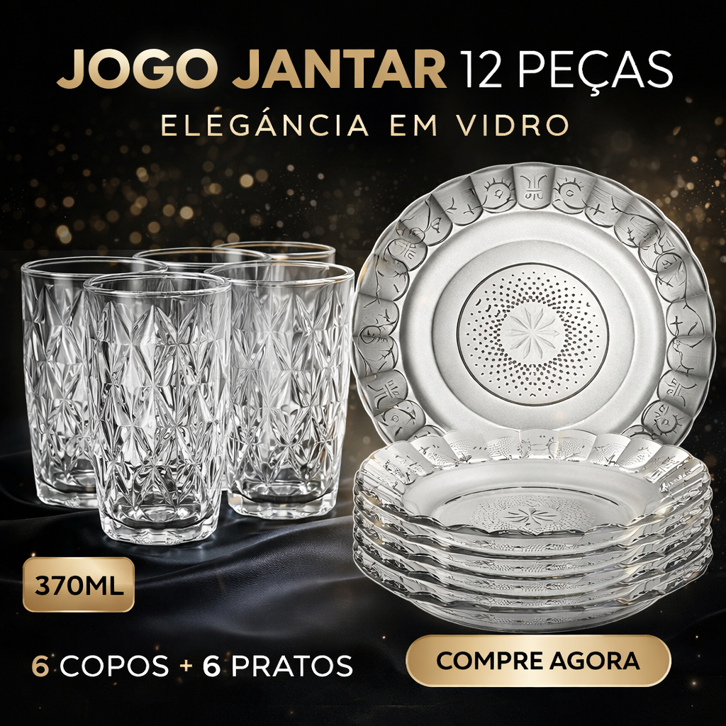 Jogo Jantar 12 Peças Com 6 Pratos Fundo + 6 Copos Diamante