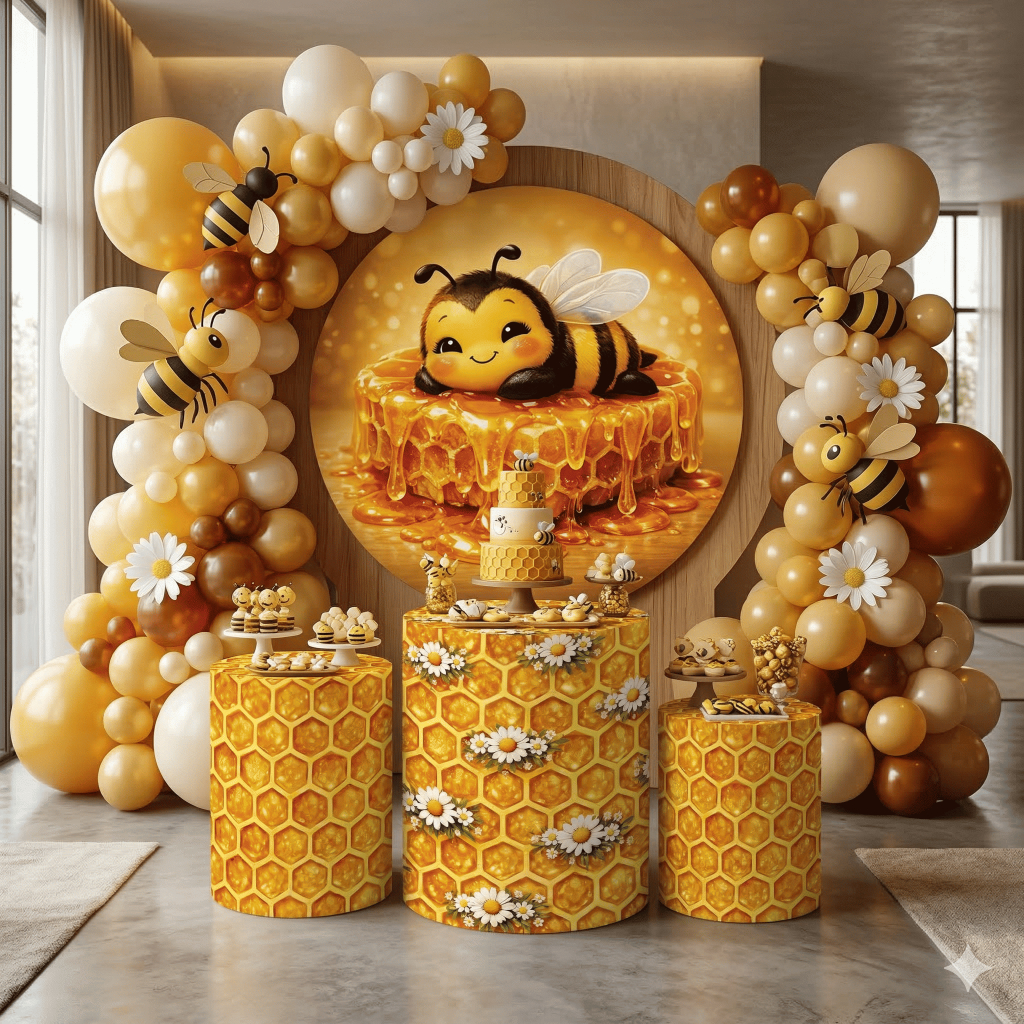 Kit Decoração Festa Abelhinha Capa Painel + Cilindros Mel Colmeia Cute Festa Infantil Completa