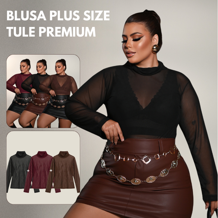 Blusa Plus Size Segunda Pele em Tule Premium Gola Alta Tule com Elasticidade Confortável GG G1 Elegante