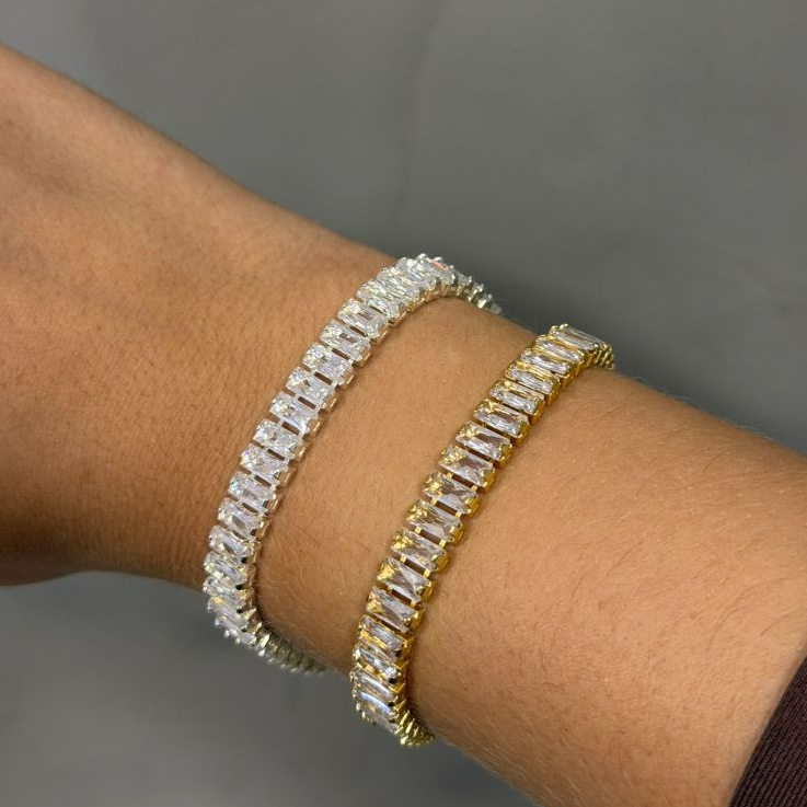 Pulseira Feminina Bracelete Riviera Baguete a Prata 925 - Banhado a Ouro 18k Antialérgico