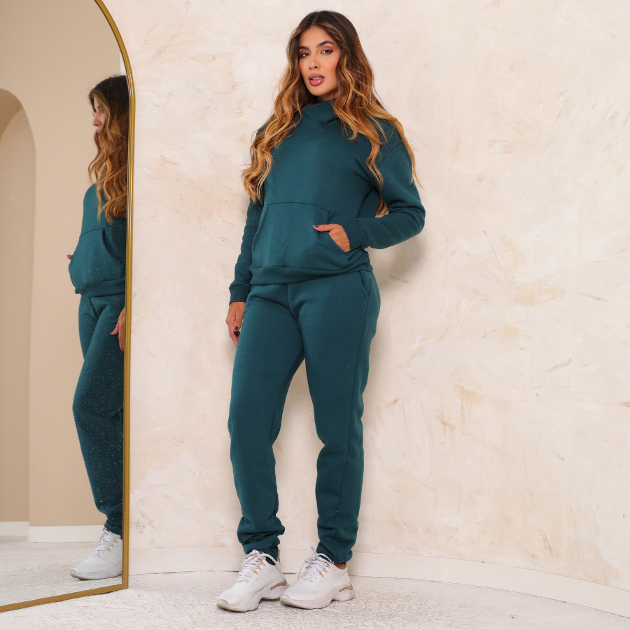 Conjunto Moletom Feminino Streetwear Calça Verde Jogger Leg Peluciado Cós Alto Casaco Qualidade