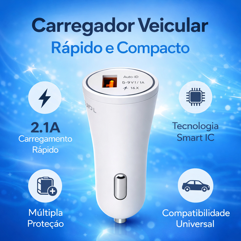 Carregador Veicular USB Turbo 5V 9V 12V – Carregamento Rápido Universal para Carro