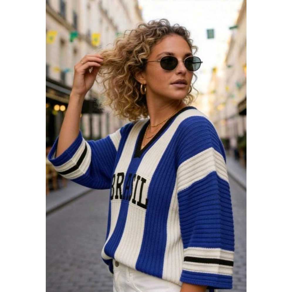 Blusa Feminina Tricot Brasil Gola V Manga Larga Copa Do Mundo Tricô