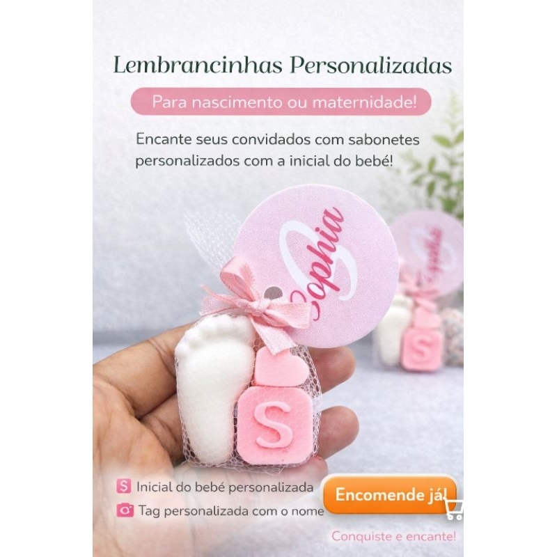 30 Lembrancinhas de Maternidade Nascimento Pezinho coração e inicial personalizada com nome do bebê