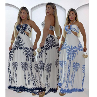 Vestido Longo Feminino Estampado em Oferta na Shopee