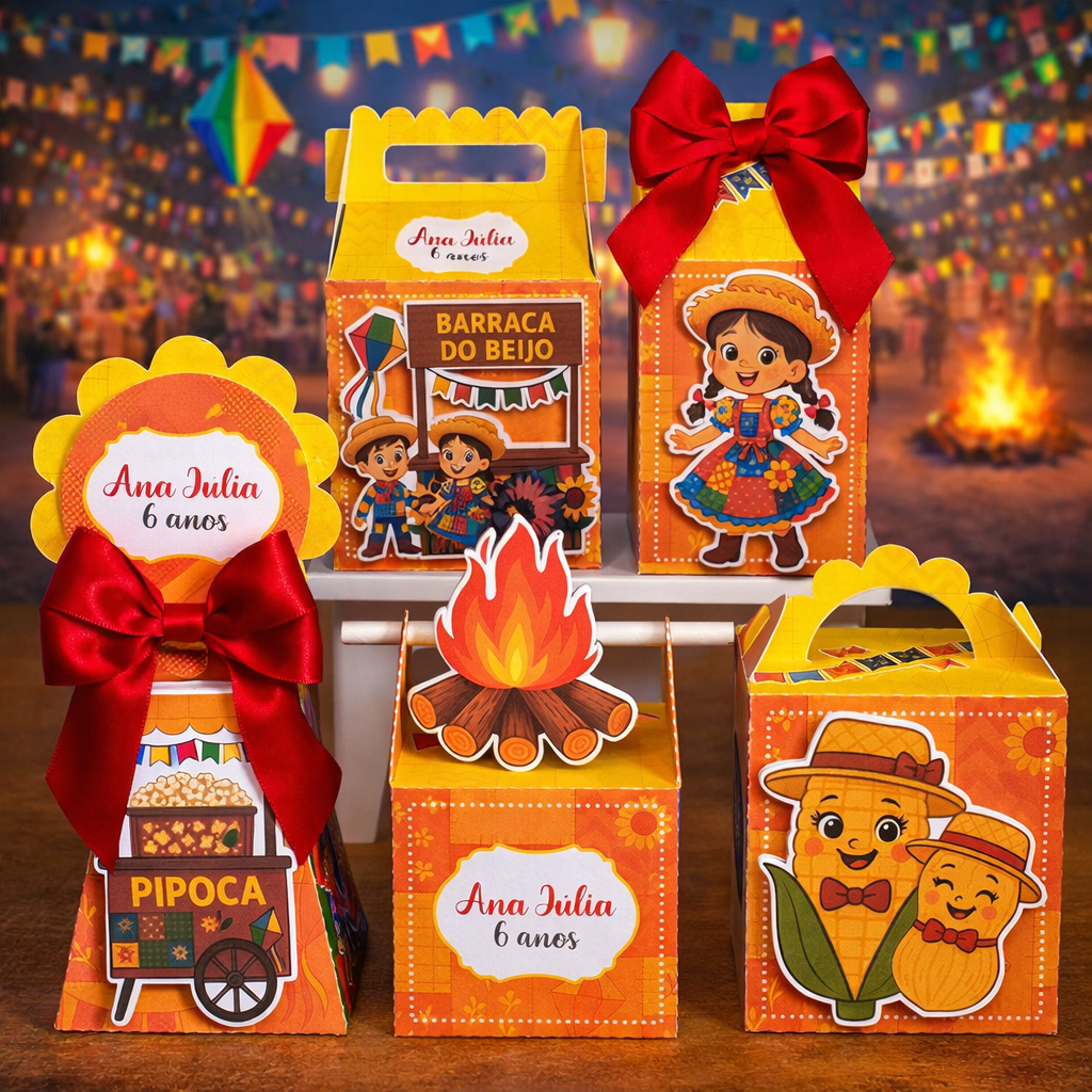 Kit Caixinhas Personalizadas Festa Junina Menina | Pegue e Monte | Lembrancinha Aniversário e Festa Infantil