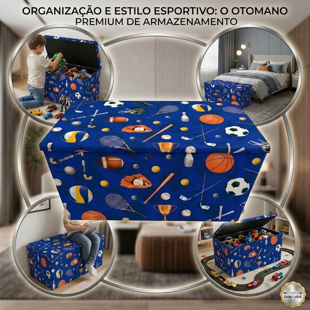 Puff Bau Grande Retangular Organizador De Objetos Bola/Sport 65x40x30