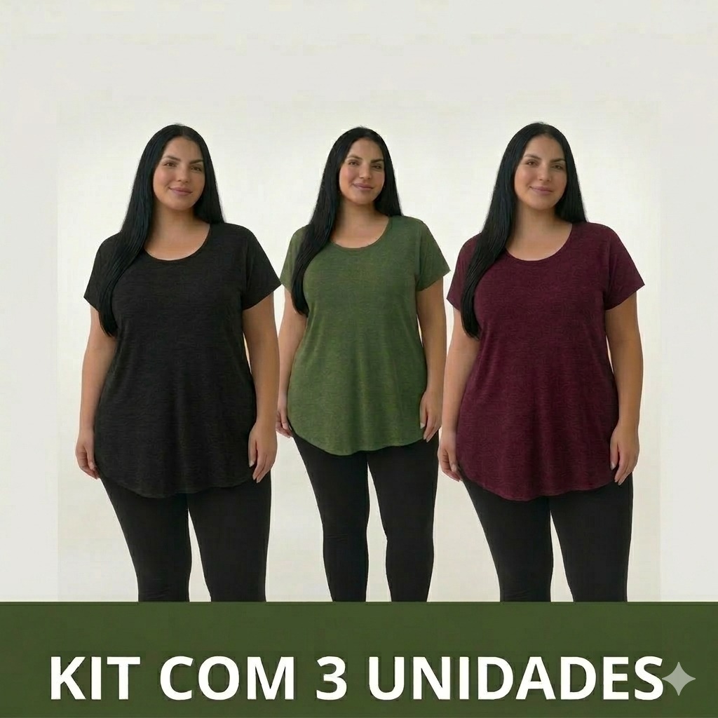 Kit 3 Camisas Fitness Plus Size Alongadas Tapa Bumbum em Viscolycra Premium
