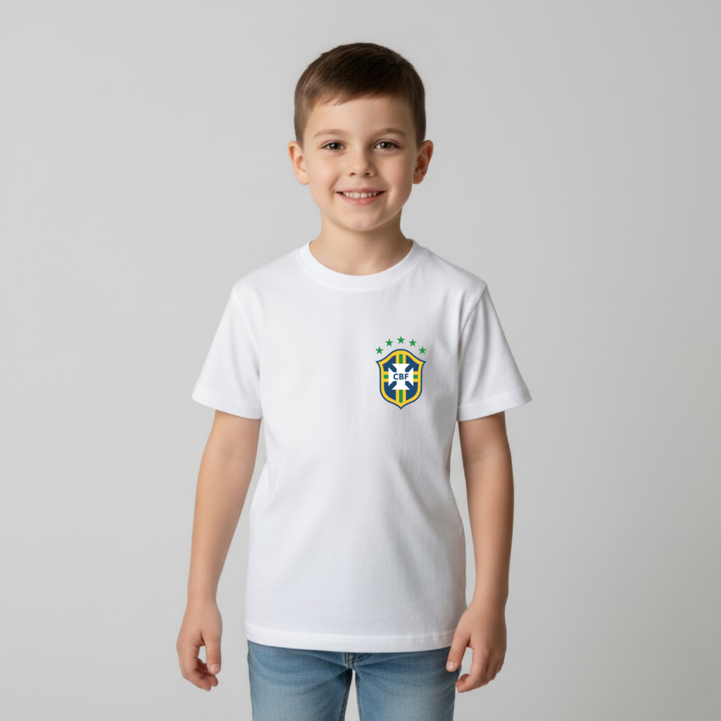 Camiseta Camisa Copa Infantil Com Bandeira do Brasil 100% Algodão Tamanho 2 ao 14