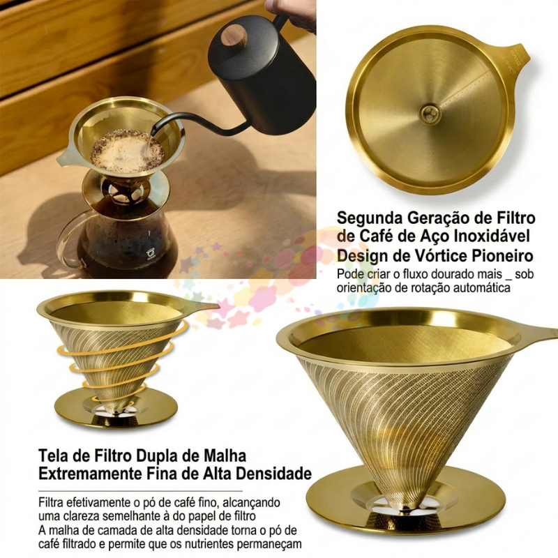 Filtro de Café Reutilizável Inox 304 Dourado Coador Profissional Gourmet — imagem 2 de 2