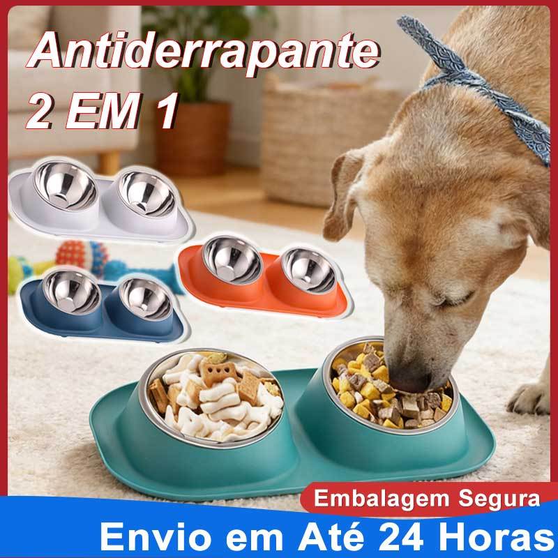 Comedouro Bebedouro 2 em 1 para Cachorro e Gato, Aço Inox Removível Antiderrapante 15°