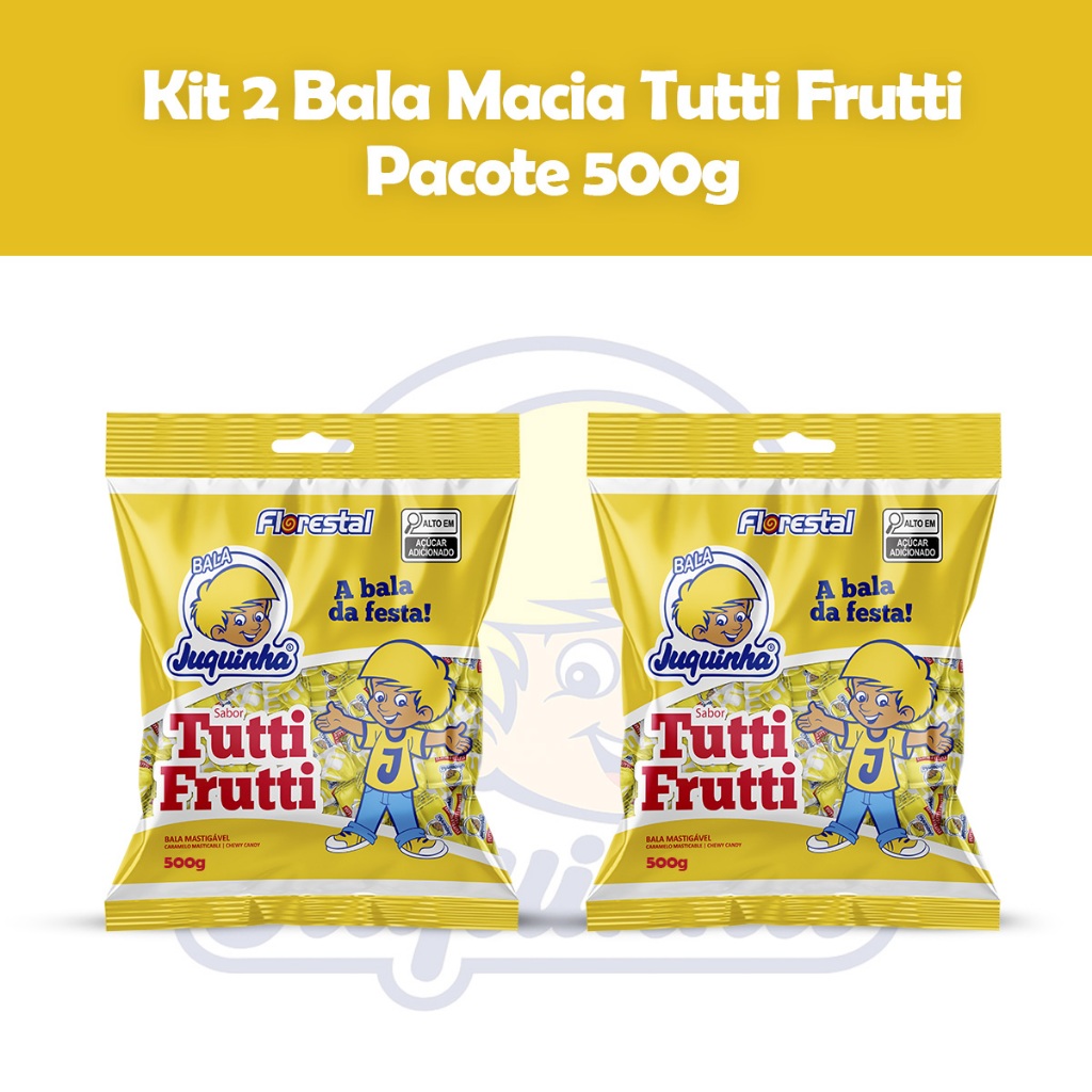 Kit 2 Balas Juquinha Tutti-Frutti 500g Pacotes de Balas Mastigáveis Sabor Frutas