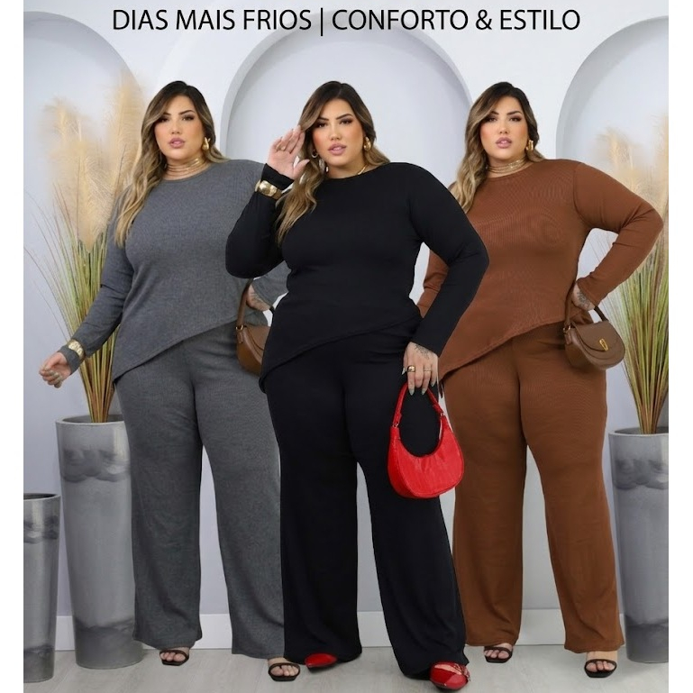 Conjunto Plus Size de frio inverno Blusa Manga Longa assímetrica Calça Pantalona Wide Leg 44 ao 52 Meia Estação em Oferta na Shopee