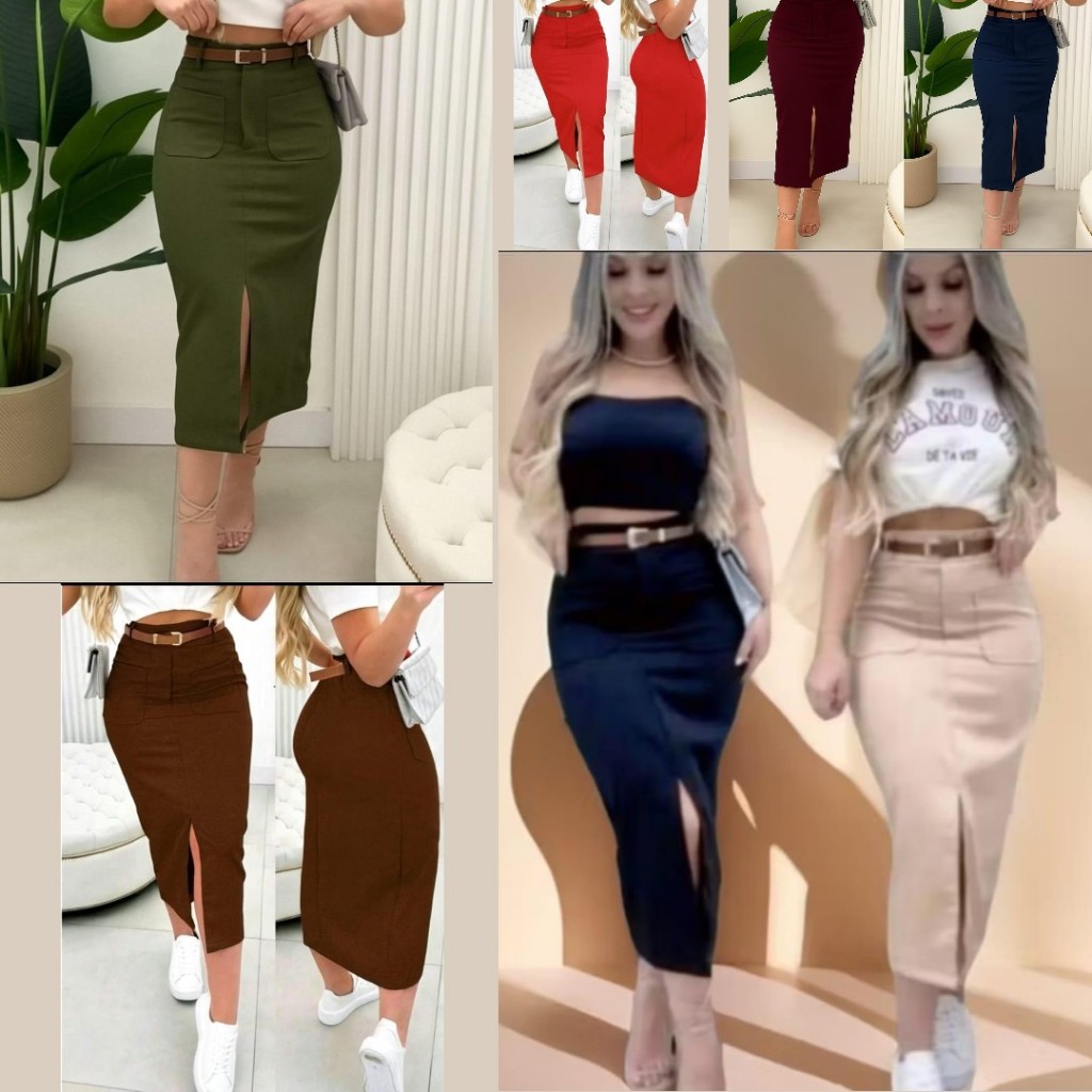 Saia midi  alfaiataria com Fenda e cinto - Elegante para Trabalho e Festa