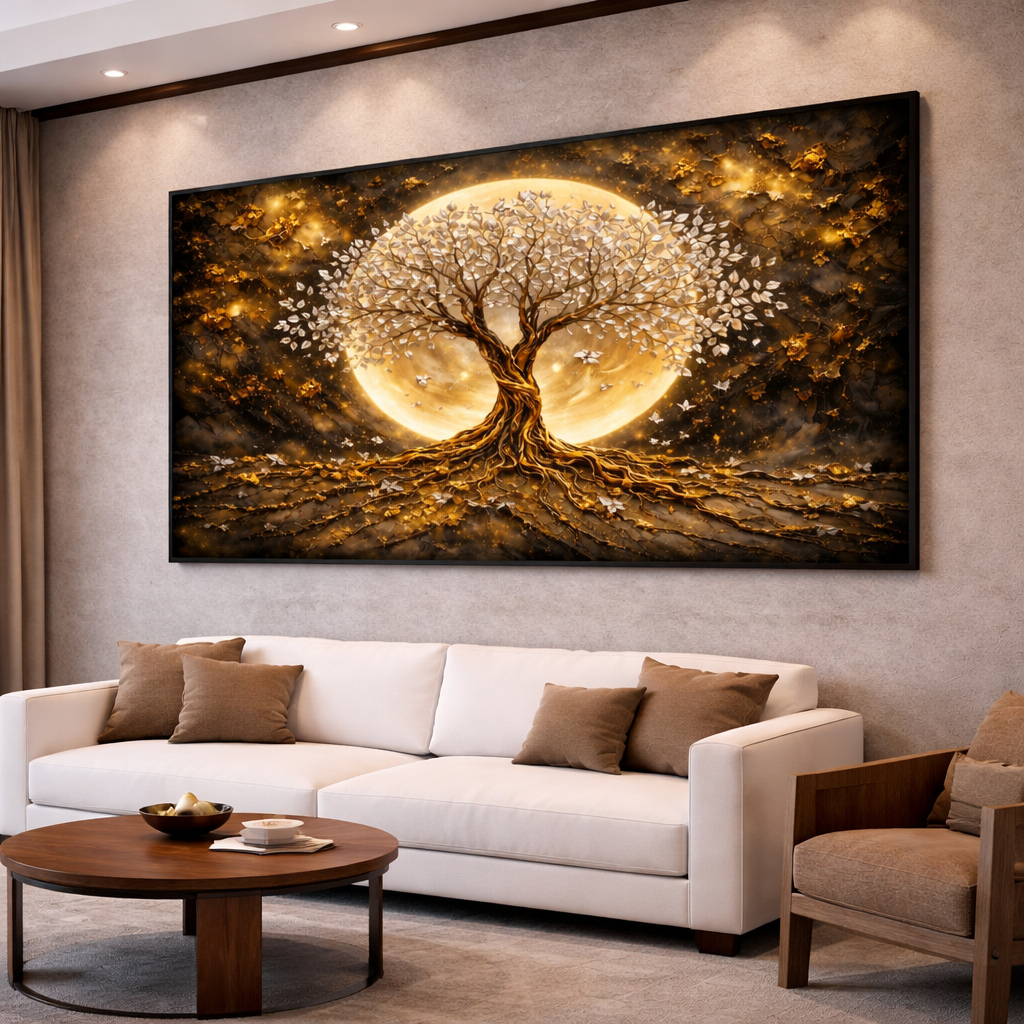 Quadro Decorativo Lua Dourada e Árvore Branca | Paisagem Moderna para Sala e Quarto em Oferta na Shopee