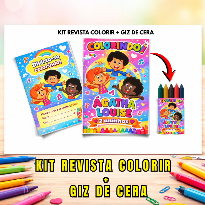 Kit Livrinhos de Colorir Infantil Personalizado + Giz de Cera | Lembrancinha Aniversário Revistinhas Tema 3 Palavrinhas