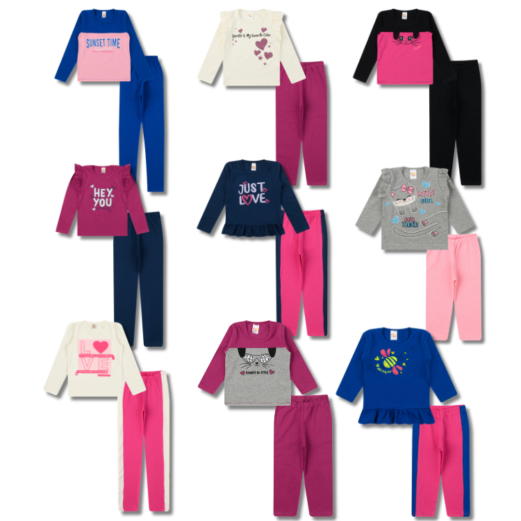 Kit 6 Peças 3 Conjuntos Sortidos 3 Blusas + 3 Leggings Feminino Infantil/Juvenil Menina Inverno 3 Blusas + 3 Leggings