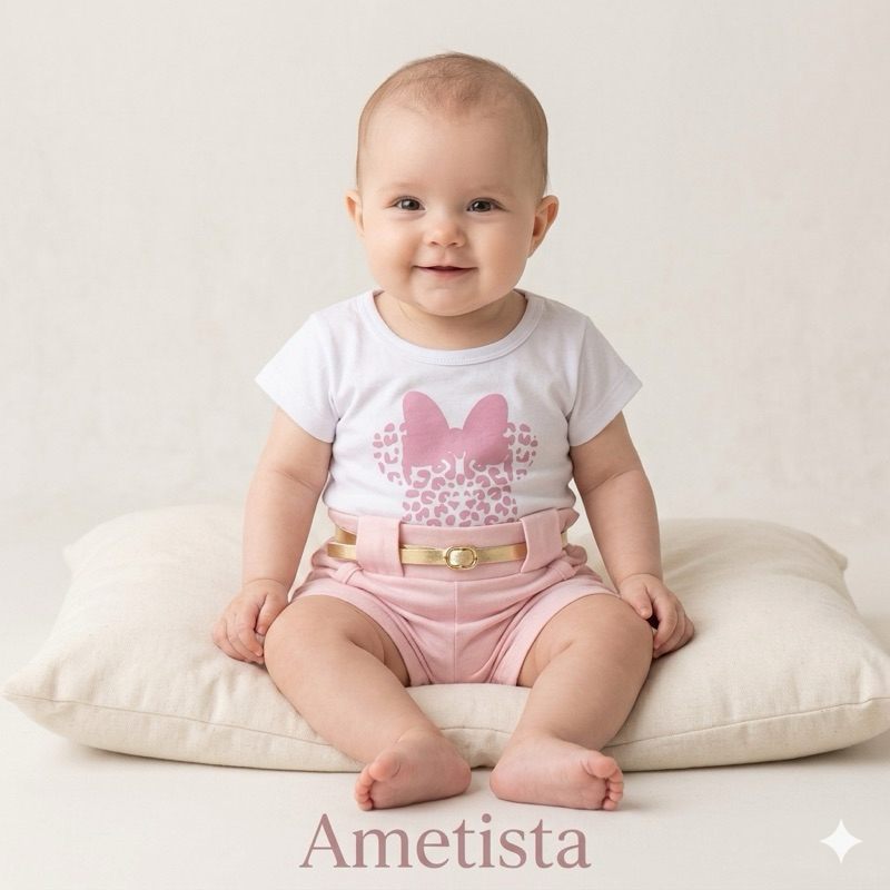 Kit 3 peças Bebê Menina T-shirt Branca Estampada  + Short Colorido + Cintinho Fofo Conjunto Infantil Malha 100% Algodão