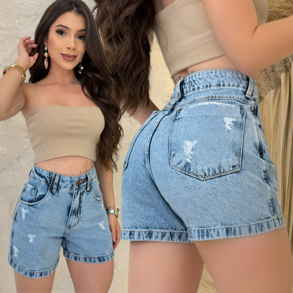 Short Jeans Feminino Boyfriend Cintura Alta Meia coxa Premium Casual Moda Verão Fashion bermuda Mom em Oferta na Shopee