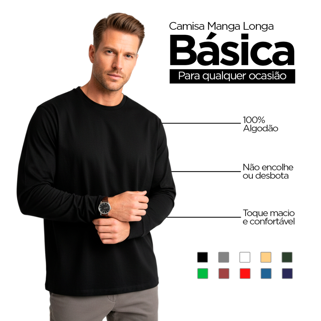 Camiseta Manga Longa 100% Algodão Masculina Slim Premium Com Punho Gola Redonda Trabalho Frio Manga Comprida Unitário em Oferta na Shopee