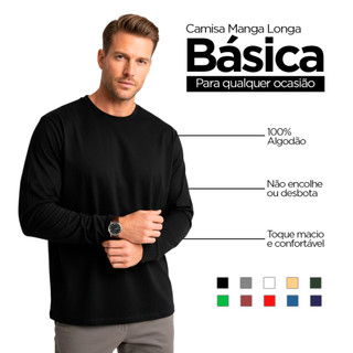 Camiseta Manga Longa 100% Algodão Masculina Slim Premium Com Punho Gola Redonda Trabalho Frio Manga Comprida Unitário