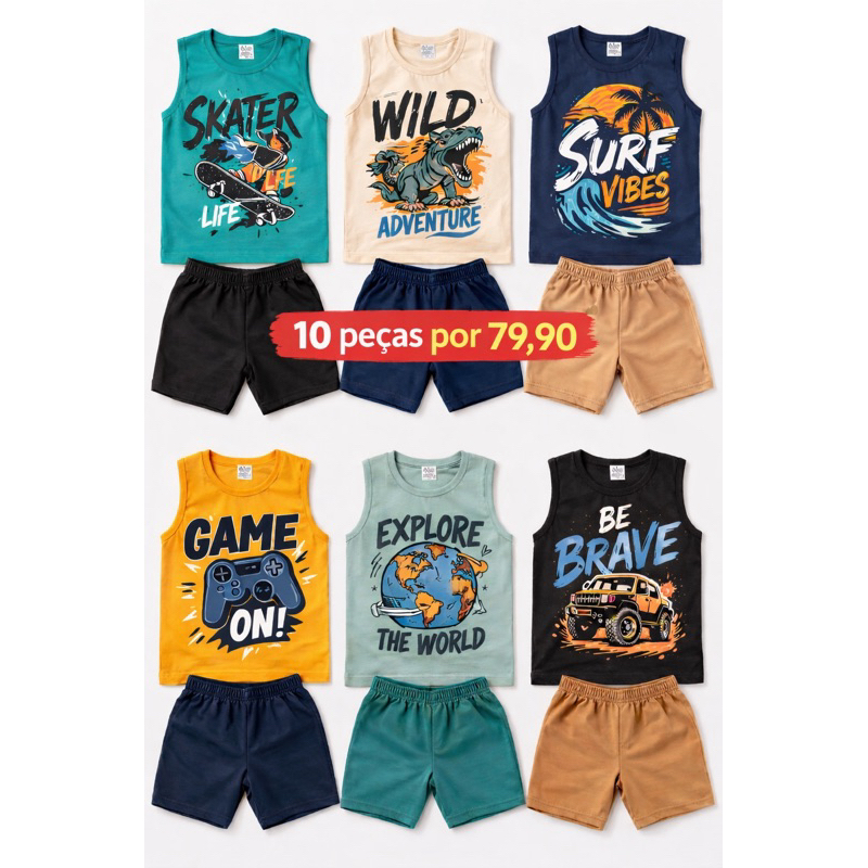 Kit 10 Peças 5 Regatas e 5 Bermudas Regata Estampada Conjunto Infantil Menino Bermuda Tamanho 1 á14
