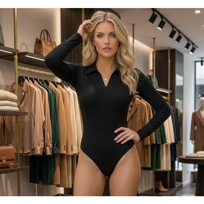 body feminino social gola polo com manga longa versátil elegante básico