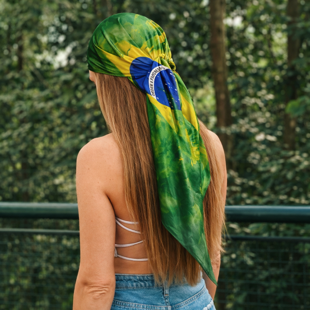 Lenço Feminino Cetim 90x90 Bandeira Brasil Copa Hexa 2026Moda Torcida Multiuso Estampado Cropeed Blusa