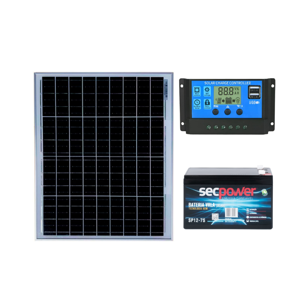 Kit Energia Solar Off Grid Placa Painel Solar 30w + Controlador de carga + Bateria Estacionária 7ah