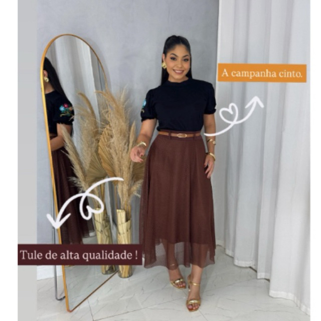 Saia longa Longuete moda evangélica De Tule Trabalhado Forrado Com Cinto Feminina em Oferta na Shopee