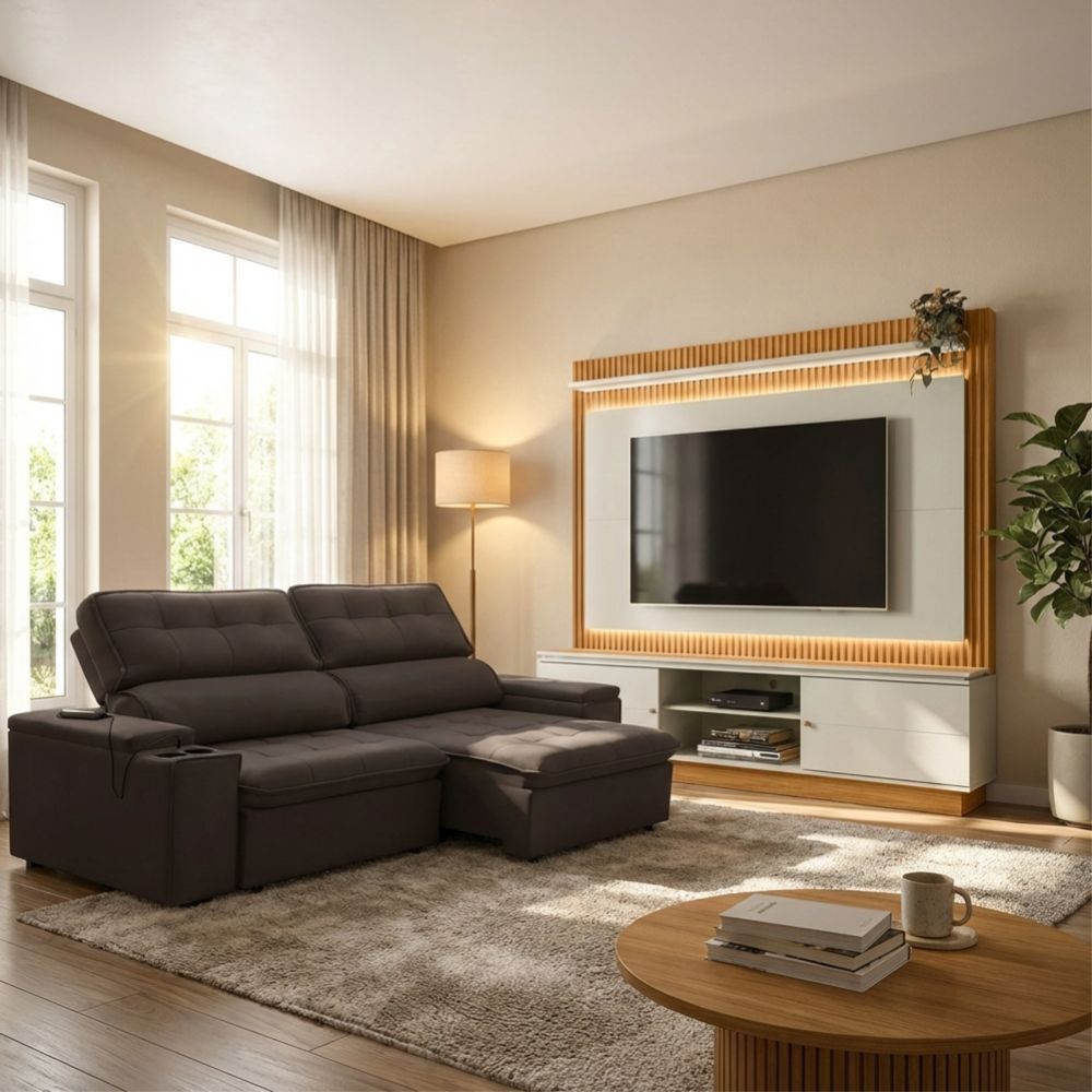 Conjunto Sofá Retrátil 3 Lugares Genebra Ferguile e Home Guararapes LED Linea Brasil