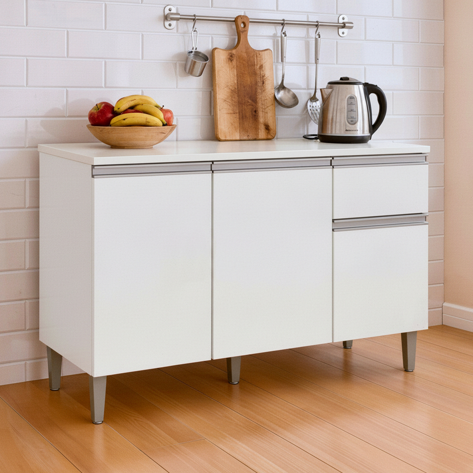 Armário Balcão Gabinete Cozinha Moderna 3 Portas 1 Gaveta MDF Branco Puxador Alumínio - Blue Moby em Oferta na Shopee