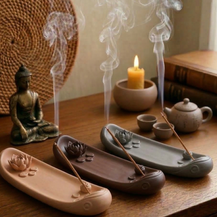 Imagem Porta Incenso Incensário Barco Decoração Zen Yoga Meditação Aromaterapia Cascata Fumaça Cores Kit