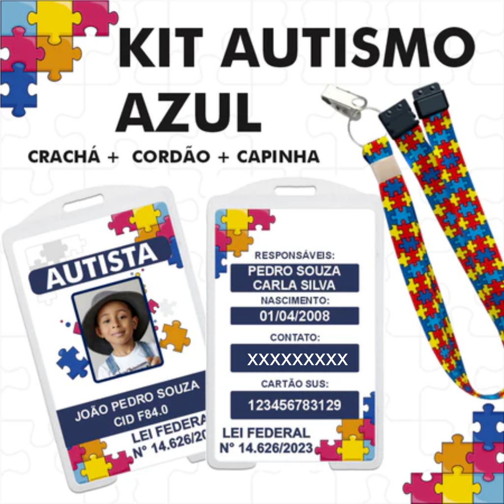 Kit Completo Crachá autismo + cordão quebra cabeça  com trava de segurança + capinha protetora em Oferta na Shopee