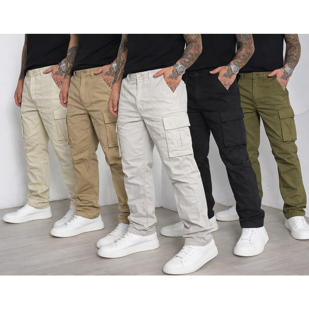 Calça Cargo Sarja Marculina Linha Premium Elástano Bolso Lateral Diversas Cores